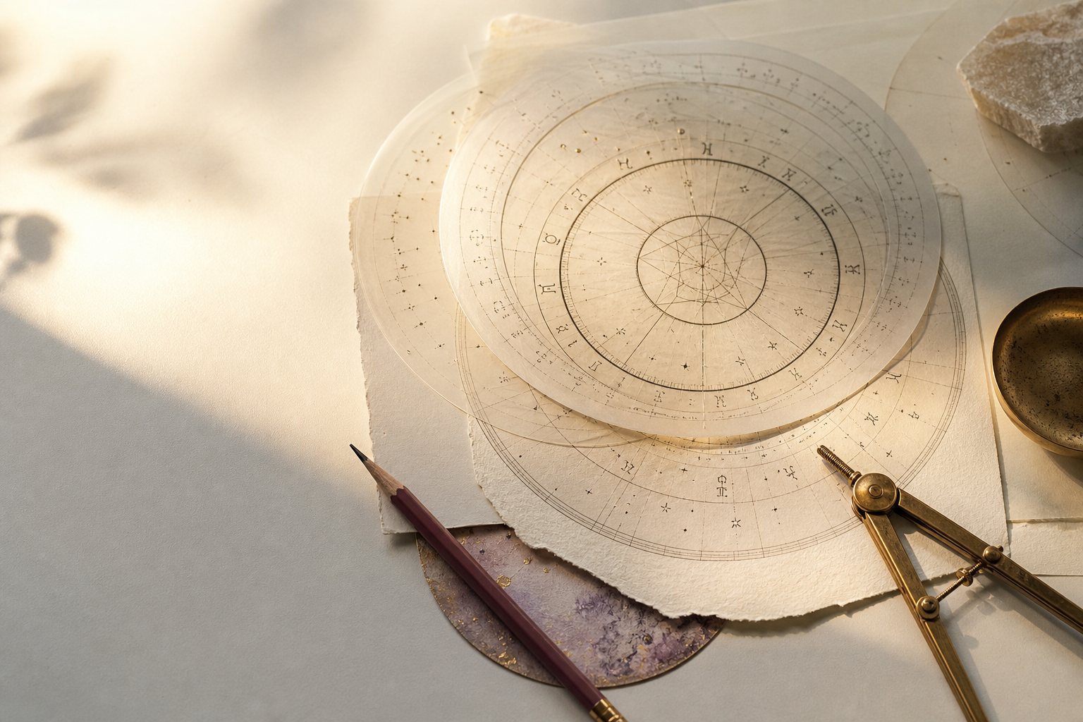 Layered translucent birth charts and brass drawing tools