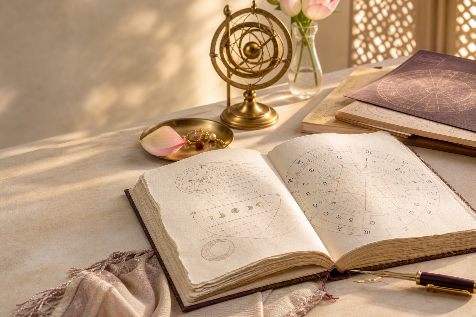 Open astrology workbook and brass armillary in morning light