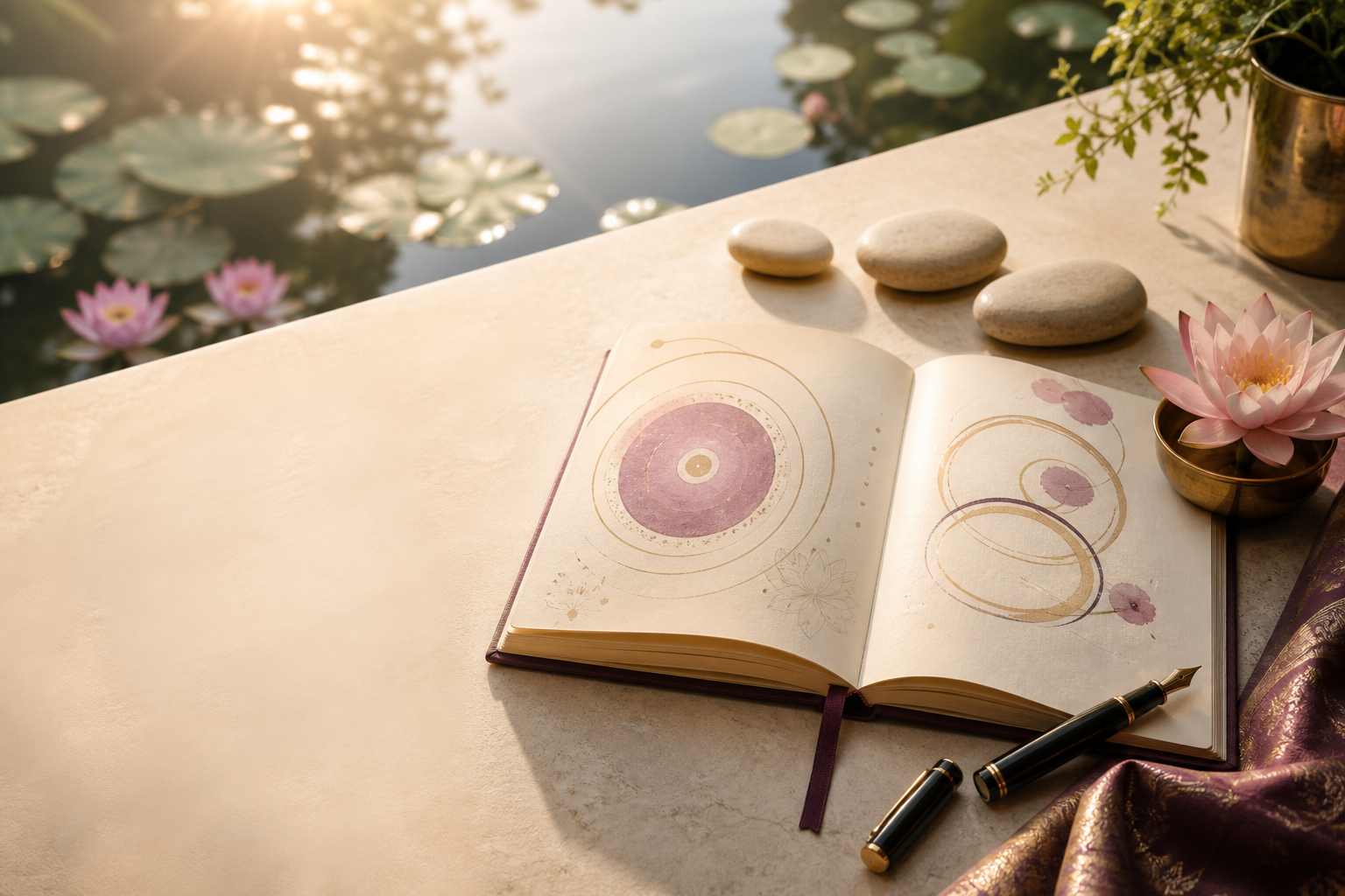 Reflection journal, lotus and stepping stones beside a pond