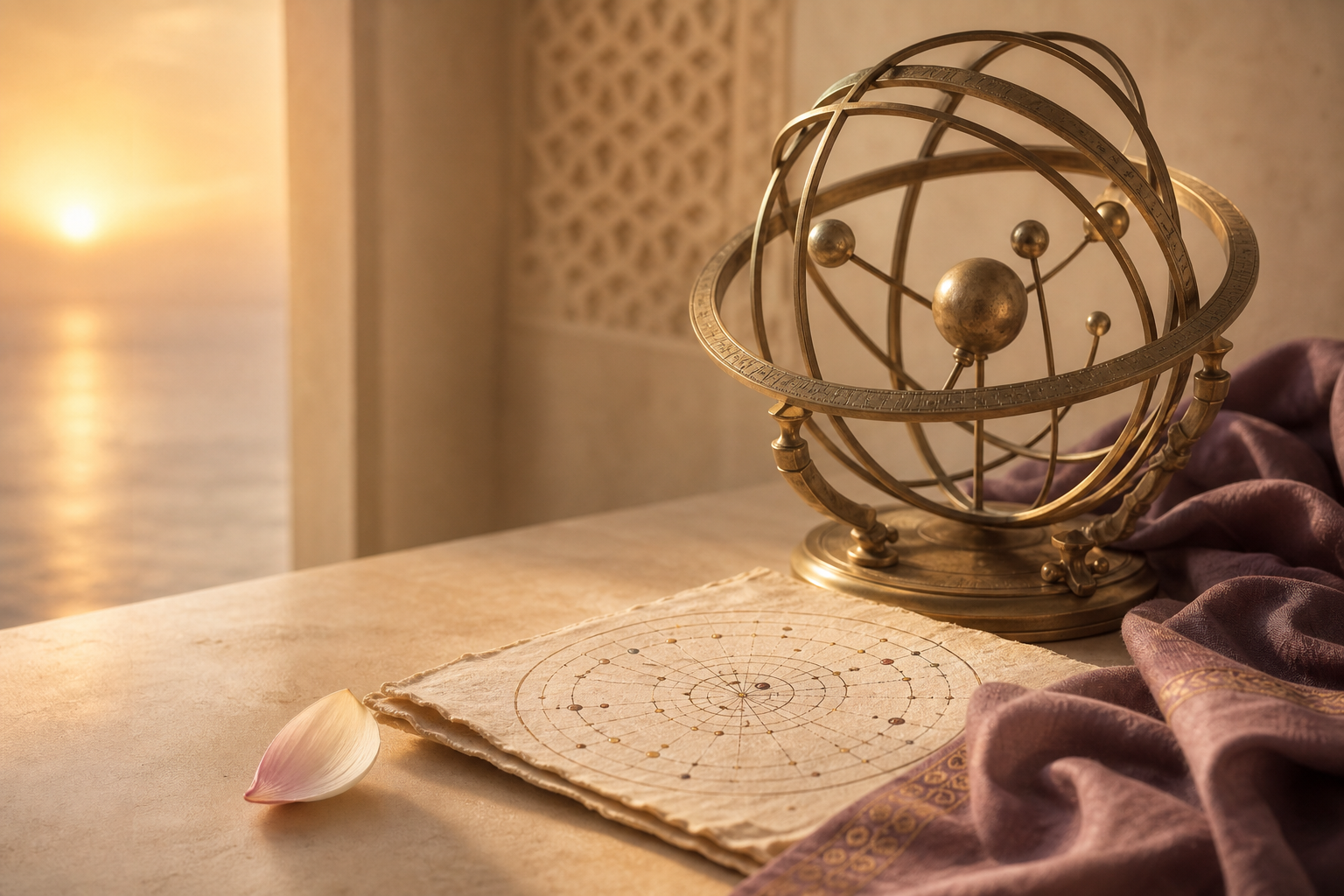 Brass armillary sphere and celestial chart in warm sunrise light