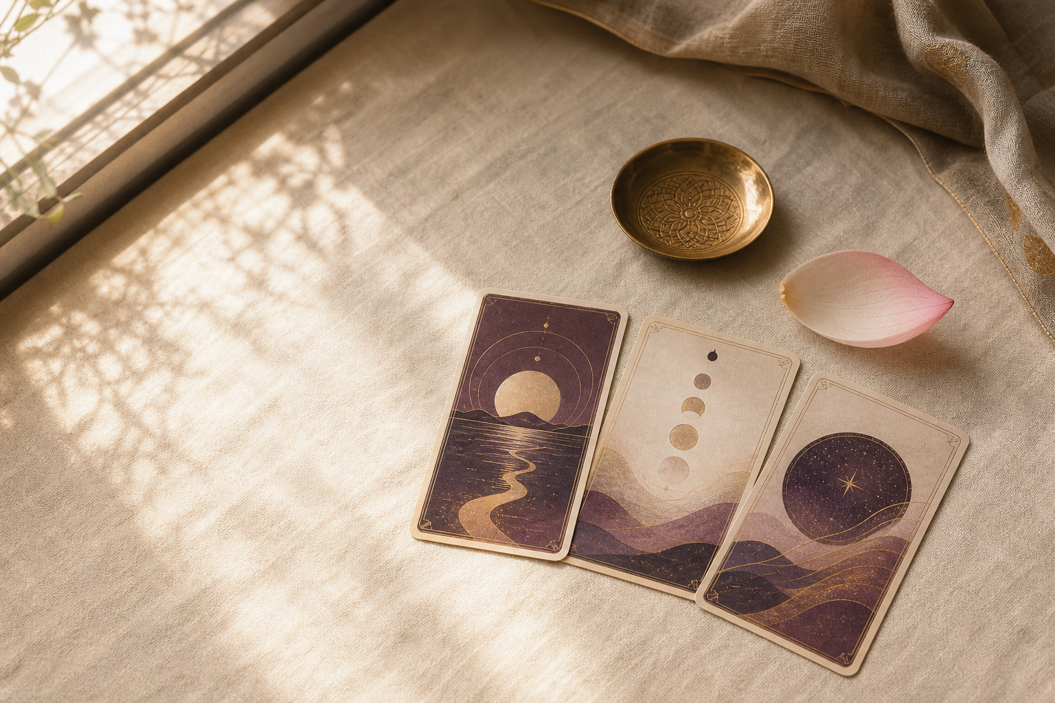 Refined Tarot cards arranged on ivory linen in morning light