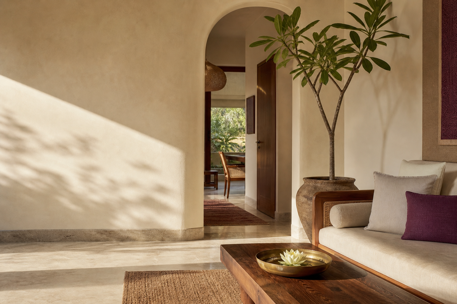 Harmonious sunlit interior with natural materials and lotus bowl